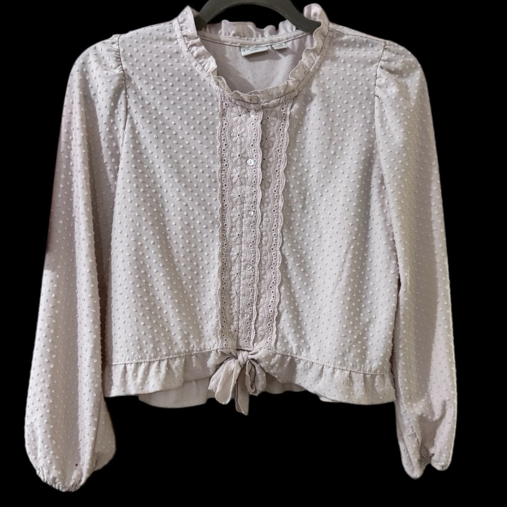 Charlotte by Cato Dotted Swiss Cropped Blush button Blouse with Lace Detail